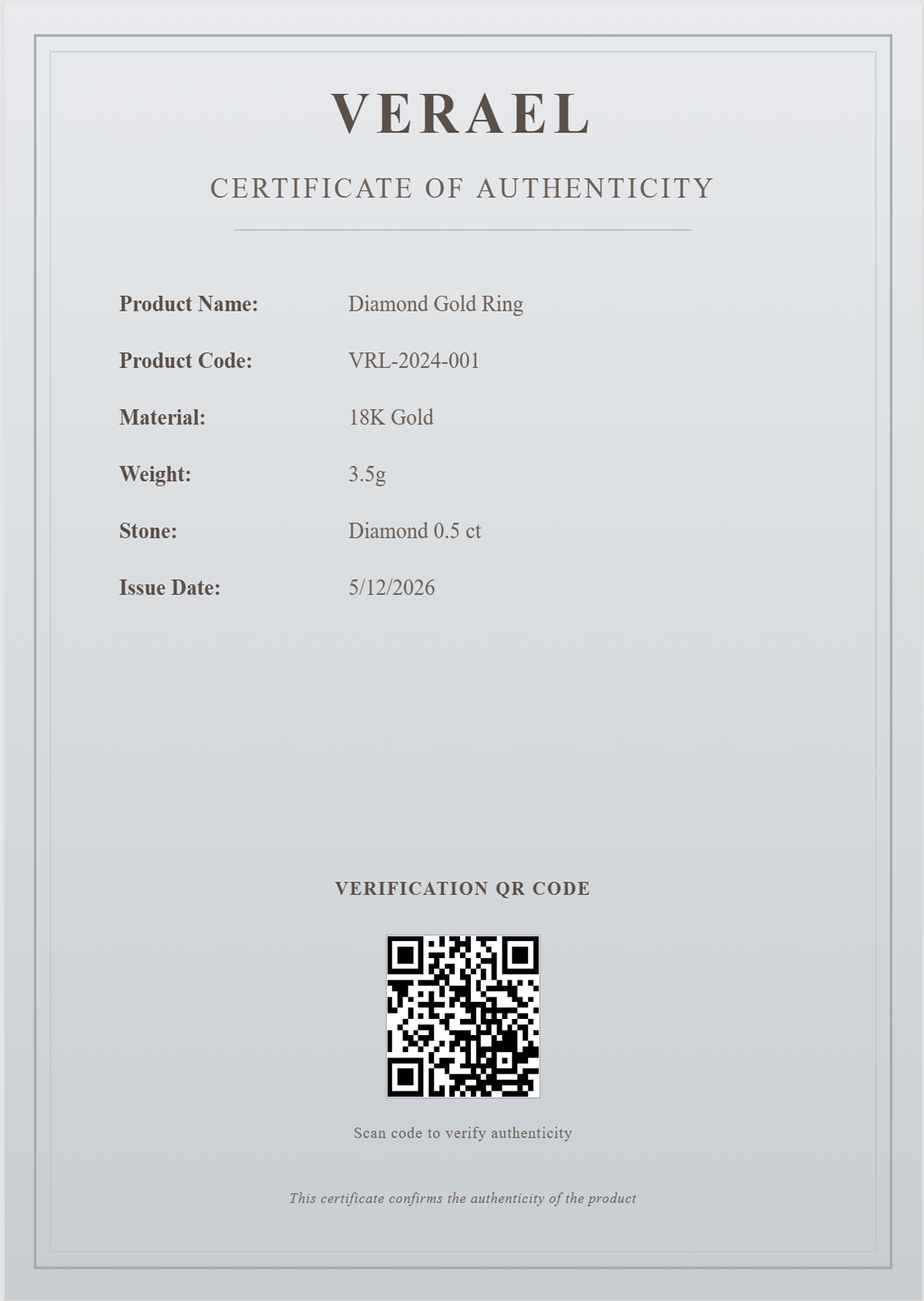Verael Certificate of Authenticity
